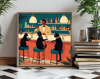 Mid-Century Modern Black Cats Cocktail Bar Print, Retro Art