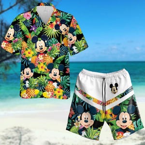 Camisa tropical hawaiana de Mickey Mouse, camisa hawaiana de Mickey, camisa con botones de Disney, viaje familiar de Disney, camisa de verano de dibujos animados, pantalones cortos de playa