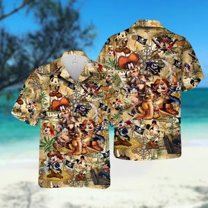 Disney Piraten Hawaiihemd, Micky und Freunde Schatzkarte Aloha Button Shirt, Mickey Cruise Shirt, Mickey Goofy Pluto Sommer Shirt