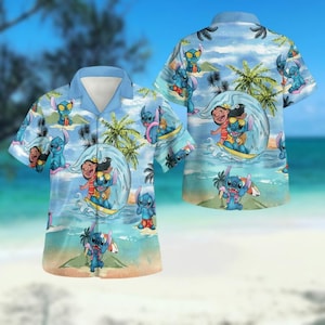 Koszula hawajska Lilo i Stitch, koszula z guzikami Disney Cartoon, koszula Stitch Summer Beach, koszula Disneyland Tropical, prezent dla przyjaciela z filmu