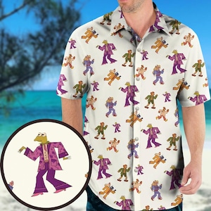 Koszula z guzikami Dancing Muppets, Funky Cartoon Hawaiian Shirt, Letni strój w stylu disco, Koszulka Animal Muppets, Zabawny prezent dla niego i dla niej