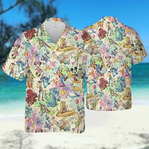 Camisa hawaiana con personajes de Disney, camisa de acuarela de Mickey, Minnie, Stitch, Ariel, Woody, atuendo de vacaciones de Disney, camisa con botones del Reino Mágico