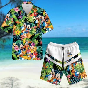 Camisa hawaiana de Mickey Friends, camisa con botones de Disney Mickey, Minnie, Donald, Daisy y Goofy Pluto, camisa tropical de verano con dibujos animados, pantalones cortos de playa
