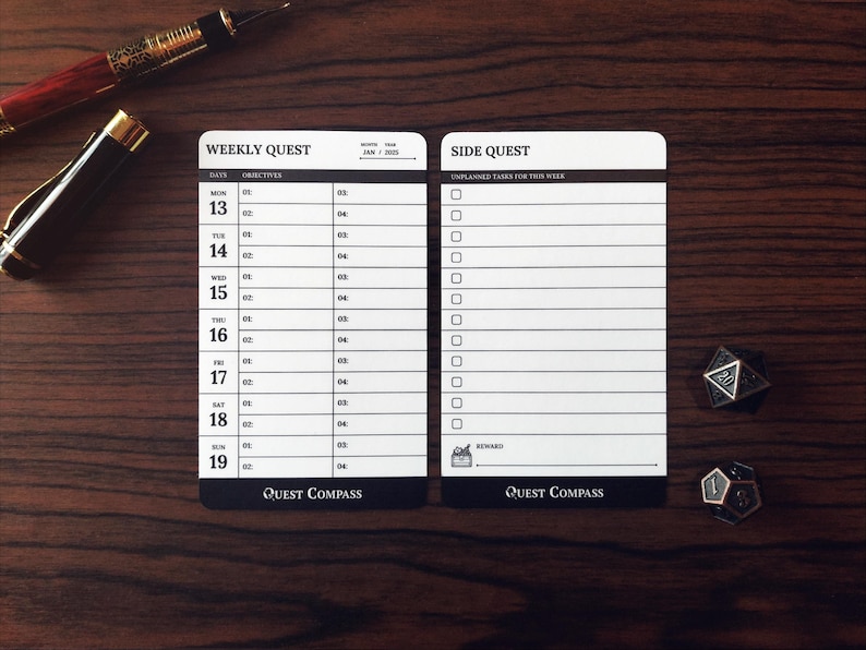 May include: Two white and black Quest Compass weekly and side quest cards with a wooden background. The weekly quest card has a calendar layout. Two dice and a pen are also on the wooden surface.