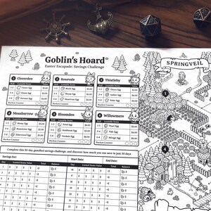 May include: Black and white savings challenge game board titled "Goblin's Hoard" with an Easter theme. The board features a map with various locations, bunny characters, and a 30-day savings tracker. Decorative dice and coins are in the background.