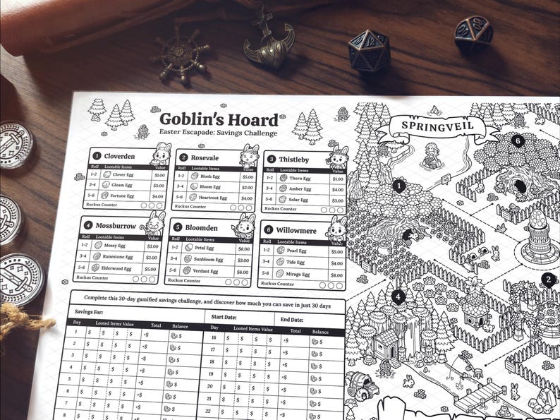 May include: Black and white savings challenge game board titled "Goblin's Hoard" with an Easter theme. The board features a map with various locations, bunny characters, and a 30-day savings tracker. Decorative dice and coins are in the background.