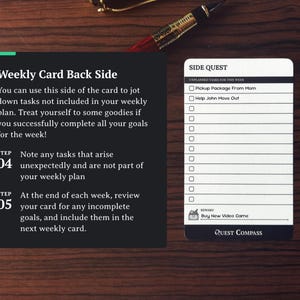 May include: A weekly card and a side quest card are displayed on a wooden surface. The weekly card is black with white text, and the side quest card is white with black text. A pen and a die are also visible.