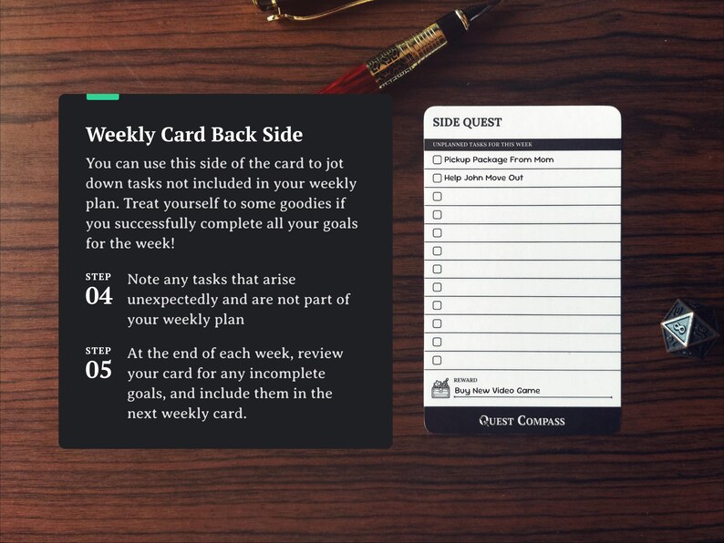 May include: A weekly card and a side quest card are displayed on a wooden surface. The weekly card is black with white text, and the side quest card is white with black text. A pen and a die are also visible.