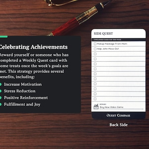 May include: A black card with the text "Celebrating Achievements" and a list of benefits. A white card with checkboxes and the text "Side Quest" is also visible. A pen and a die are on a wooden surface.