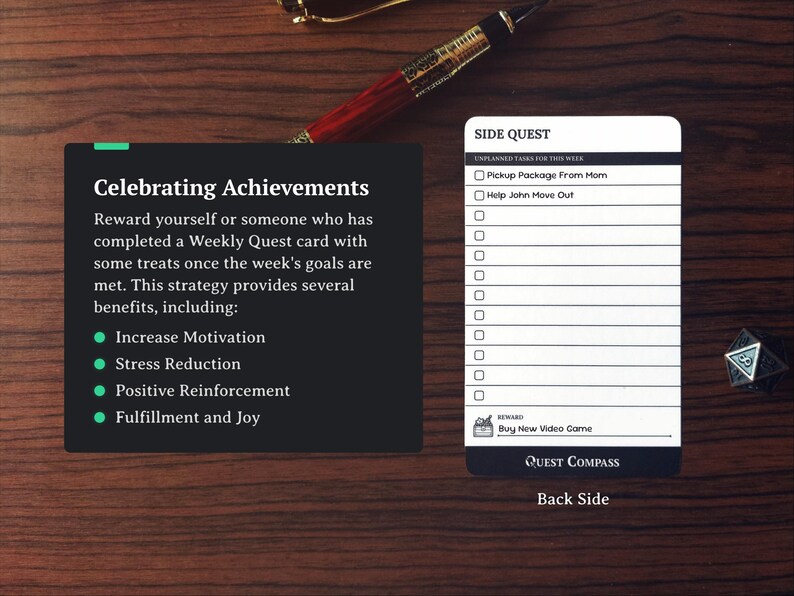May include: A black card with the text "Celebrating Achievements" and a list of benefits. A white card with checkboxes and the text "Side Quest" is also visible. A pen and a die are on a wooden surface.