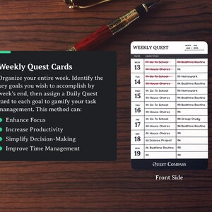 May include: A weekly planner card with the text "Weekly Quest Cards" and a detailed schedule. The card is black with white text and green bullet points. A pen and a small die are also on the wooden surface.