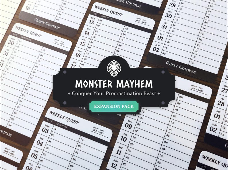 May include: A collection of white and black weekly planner cards with the text "Quest Compass" and "Weekly Quest". A black banner reads "Monster Mayhem + Conquer Your Procrastination Beast + Expansion Pack".