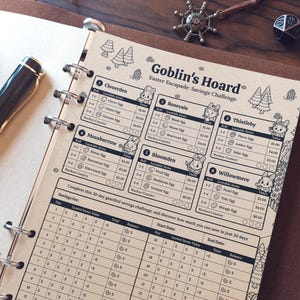 May include: A spiral-bound planner with the title "Goblin's Hoard Easter Escapade: Savings Challenge." The pages feature a savings challenge with cartoon bunny illustrations and a pen. A wooden die and a compass-like charm are also visible.