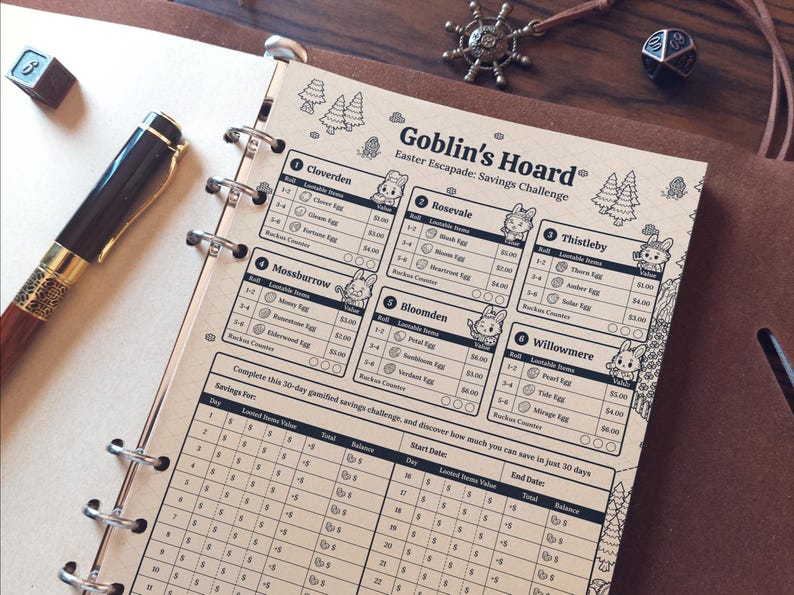 May include: A spiral-bound planner with the title "Goblin's Hoard Easter Escapade: Savings Challenge." The pages feature a savings challenge with cartoon bunny illustrations and a pen. A wooden die and a compass-like charm are also visible.
