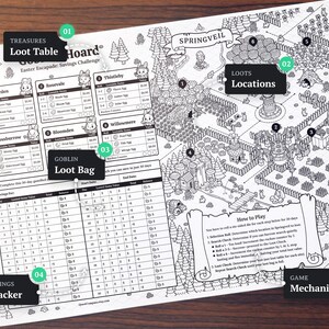 May include: Black and white Easter-themed savings challenge game board with the text "Treasures Loot Table Hoard Easter Escapade: Savings Challenge". The game board includes a map, a savings tracker, and game mechanics.
