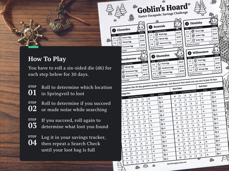 May include: A black and white savings challenge game sheet titled "Goblin's Hoard" with Easter-themed illustrations. The sheet includes a savings tracker and instructions on how to play. A wooden surface and decorative items are in the background.