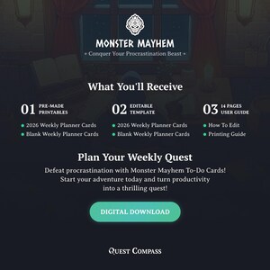 May include: Digital download graphic with the text "Monster Mayhem" and "Conquer Your Procrastination Beast." Includes weekly planner cards, editable templates, and a user guide. The call to action is "Digital Download."
