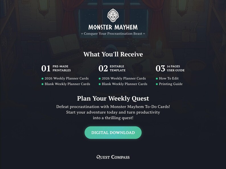 May include: Digital download graphic with the text "Monster Mayhem" and "Conquer Your Procrastination Beast." Includes weekly planner cards, editable templates, and a user guide. The call to action is "Digital Download."
