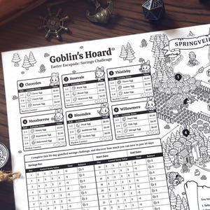 May include: A black and white Easter-themed savings challenge game board titled "Goblin's Hoard". The board features a map with various locations, bunny characters, and a 30-day savings tracker. Includes game coins and a dice.