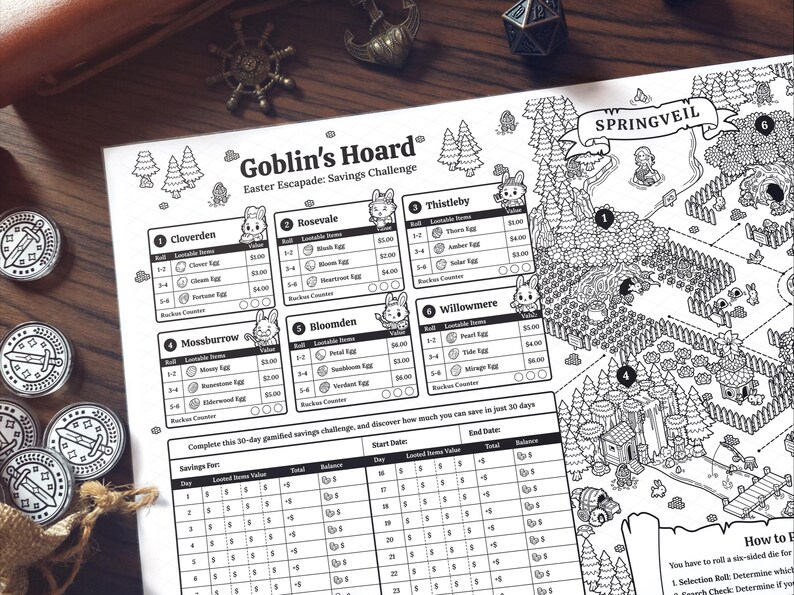 May include: A black and white Easter-themed savings challenge game board titled "Goblin's Hoard". The board features a map with various locations, bunny characters, and a 30-day savings tracker. Includes game coins and a dice.