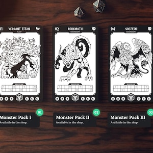 May include: Three black and white monster cards with illustrations of a Verdant Titan, Behemoth, and Griffin. Each card has a health bar and a unique icon. Below are three labels: Monster Pack I, II, and III.