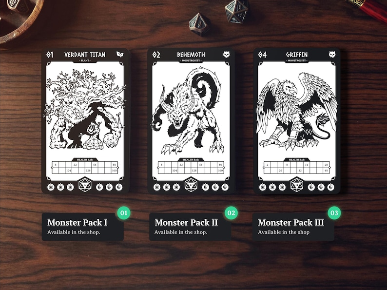 May include: Three black and white monster cards with illustrations of a Verdant Titan, Behemoth, and Griffin. Each card has a health bar and a unique icon. Below are three labels: Monster Pack I, II, and III.