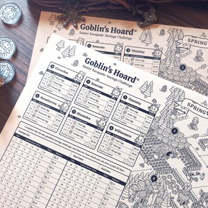 May include: Two "Goblin's Hoard" Easter Escapade savings challenge sheets with a map design, featuring areas like Springveil and Thistleby. The sheets have spaces for savings and include coin-like tokens. The text "Goblin's Hoard" is visible.