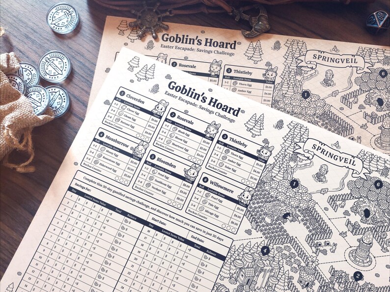 May include: Two "Goblin's Hoard" Easter Escapade savings challenge sheets with a map design, featuring areas like Springveil and Thistleby. The sheets have spaces for savings and include coin-like tokens. The text "Goblin's Hoard" is visible.
