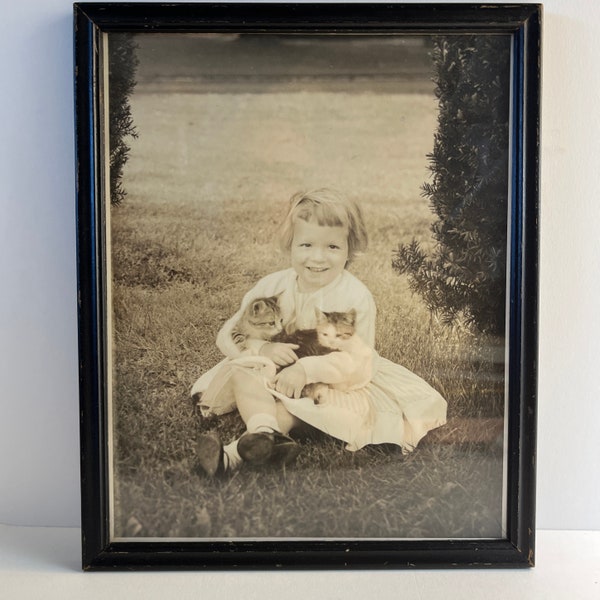 Vintage 1940s Girl with Kittens Framed Photograph