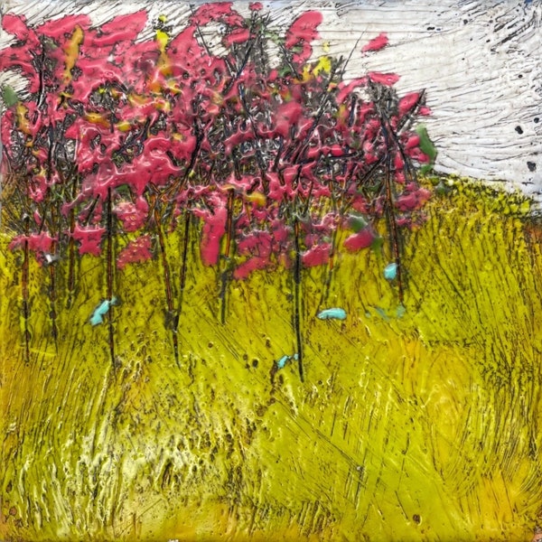 Encaustic Painting: Quince on a  Green Hill
