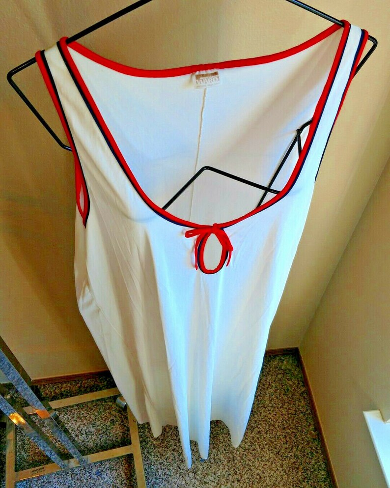 Montgomery Ward Stripe Piping Trim Vtg Sleeveless Long Nightgown 44 Bust LXL