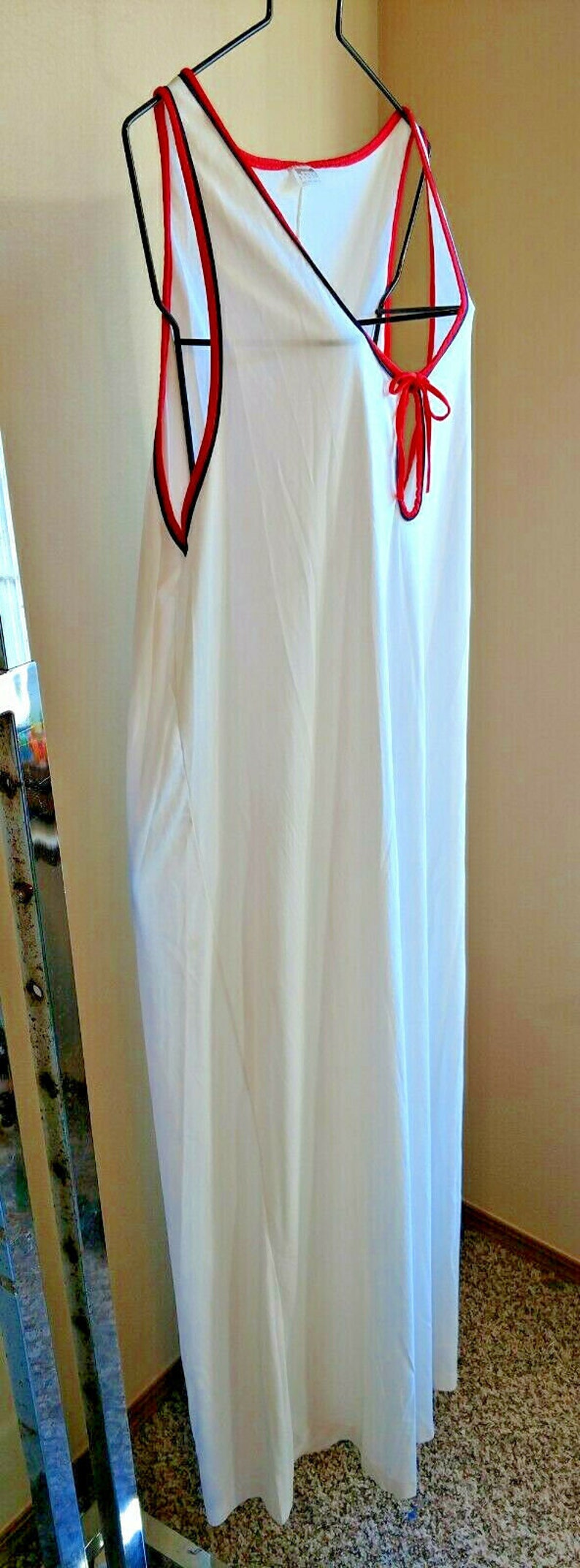 Montgomery Ward Stripe Piping Trim Vtg Sleeveless Long Nightgown 44 Bust LXL