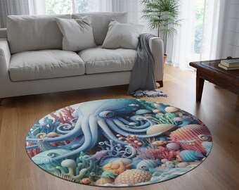 Dive into Adventure: Round Ocean Rug with Playful Creatures (60" x 60")