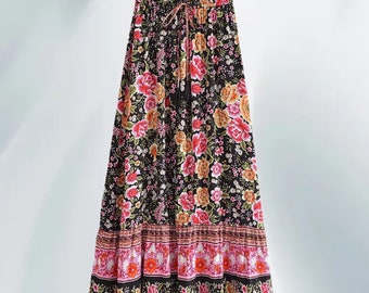 Boho negro floral estampado cintura alta maxi falda de línea / falda boho / falda de vacaciones / falda de verano / falda hippie / falda casual