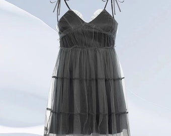 Dunkles Damen-Gothic-Mesh-Kleid, schwarzes Mesh-Hosenträgerkleid, wunderschönes Kleid, eleganter flauschiger A-Linien-Rock, perfektes Geschenk für sie