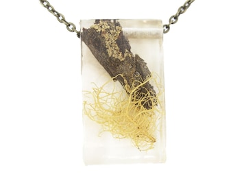 Moss and Lichen Terrarium Rectangle Necklace • Nature Necklace • Eco Resin Terrarium Necklace • Geometric Brass Necklace • Nature Jewelry