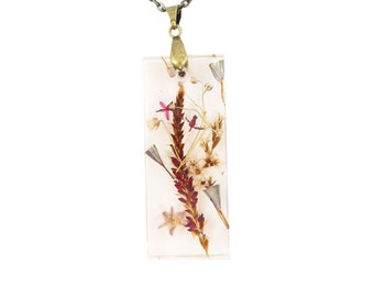 Large Dried Flower Resin Rectangle Necklace