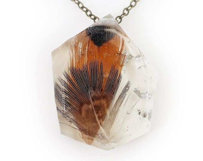 Feather and Silver Leaf Resin Geometric Faceted Necklace