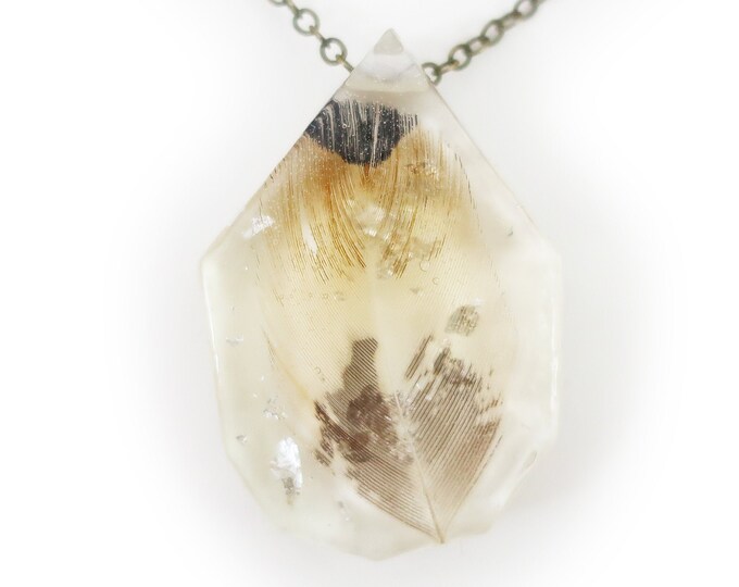 Feather and Silver Leaf Resin Geometric Faceted Necklace