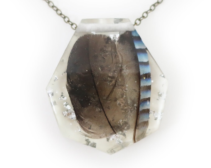 Feather and Silver Leaf Resin Geometric Faceted Necklace