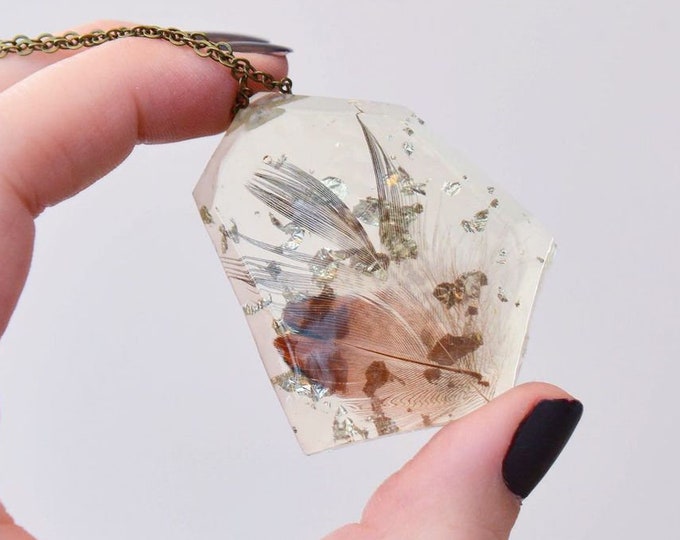 Feather and Silver Leaf Resin Geometric Faceted Necklace