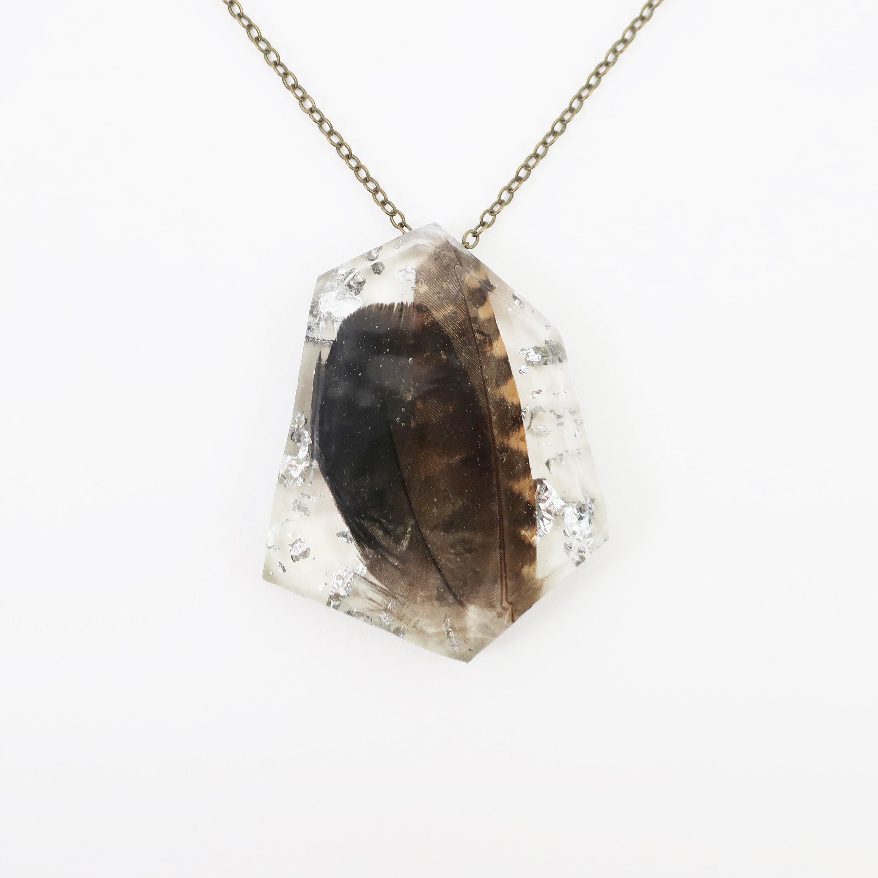 Feather and Silver Leaf Resin Geometric Faceted Necklace