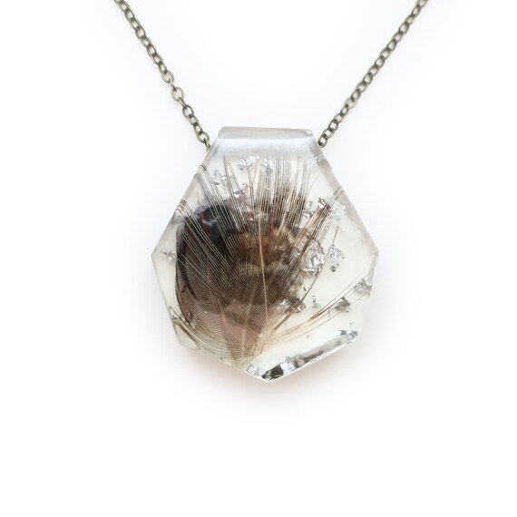 Feather and Silver Leaf Resin Geometric Faceted Necklace