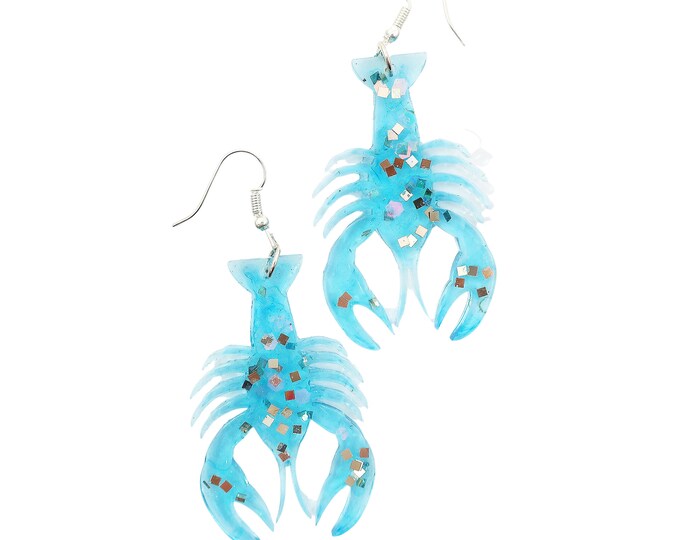 Blue Lobster Crayfish Earrings Glitter Earrings