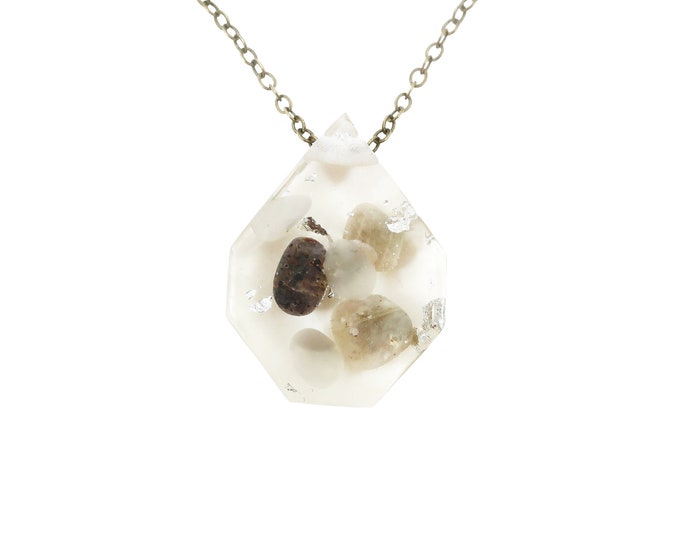 Medium Eco-Resin Tumbled Stone and Silver Leaf Necklace