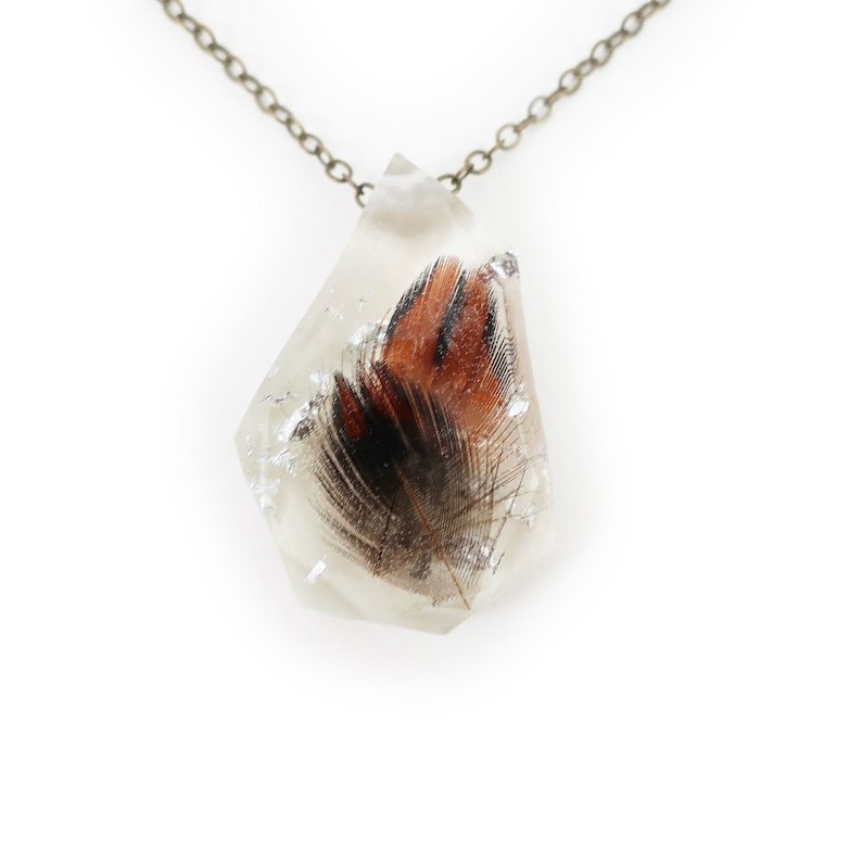 Feather and Silver Leaf Resin Geometric Faceted Necklace