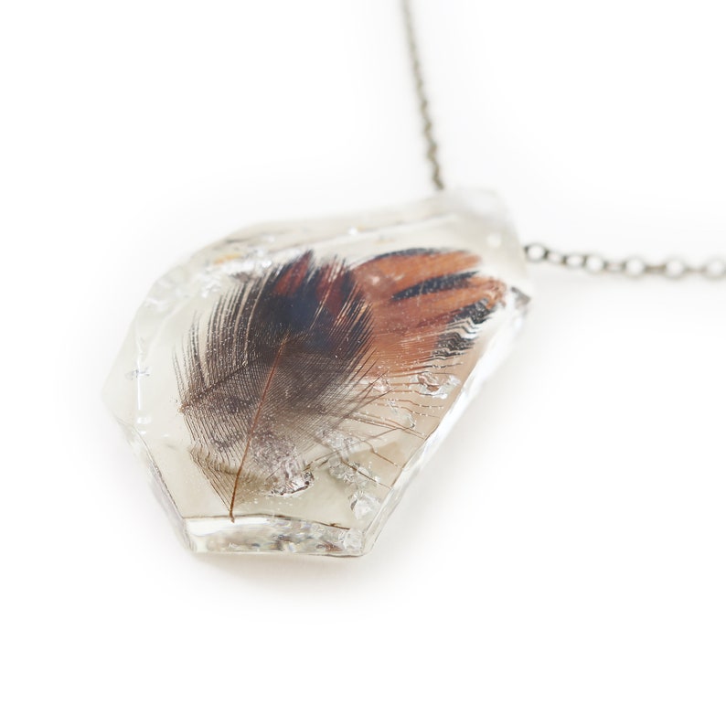Feather and Silver Leaf Resin Geometric Faceted Necklace