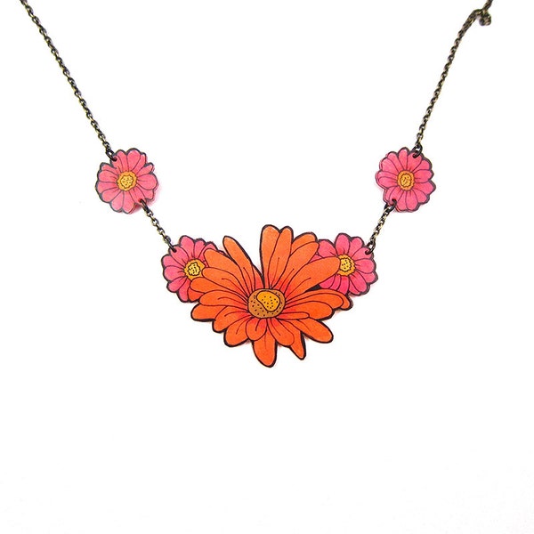 Hand-drawn Flower Necklace • Orange Pink Daisy • Colored Pencil Necklace