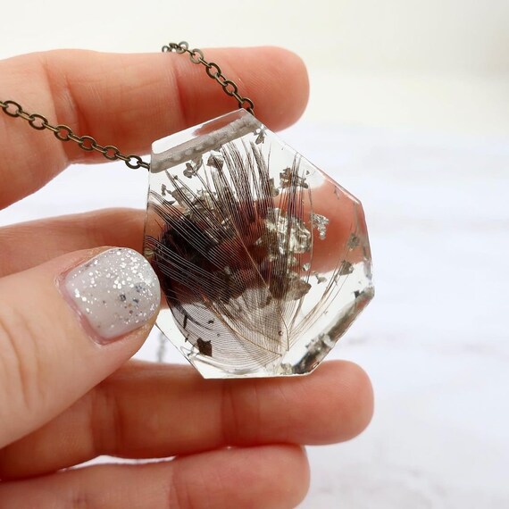 Feather and Silver Leaf Resin Geometric Faceted Necklace