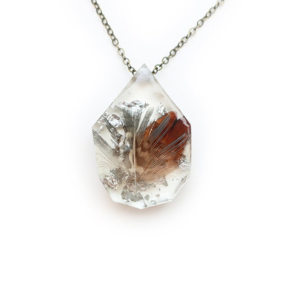 Feather and Silver Leaf Resin Geometric Faceted Necklace
